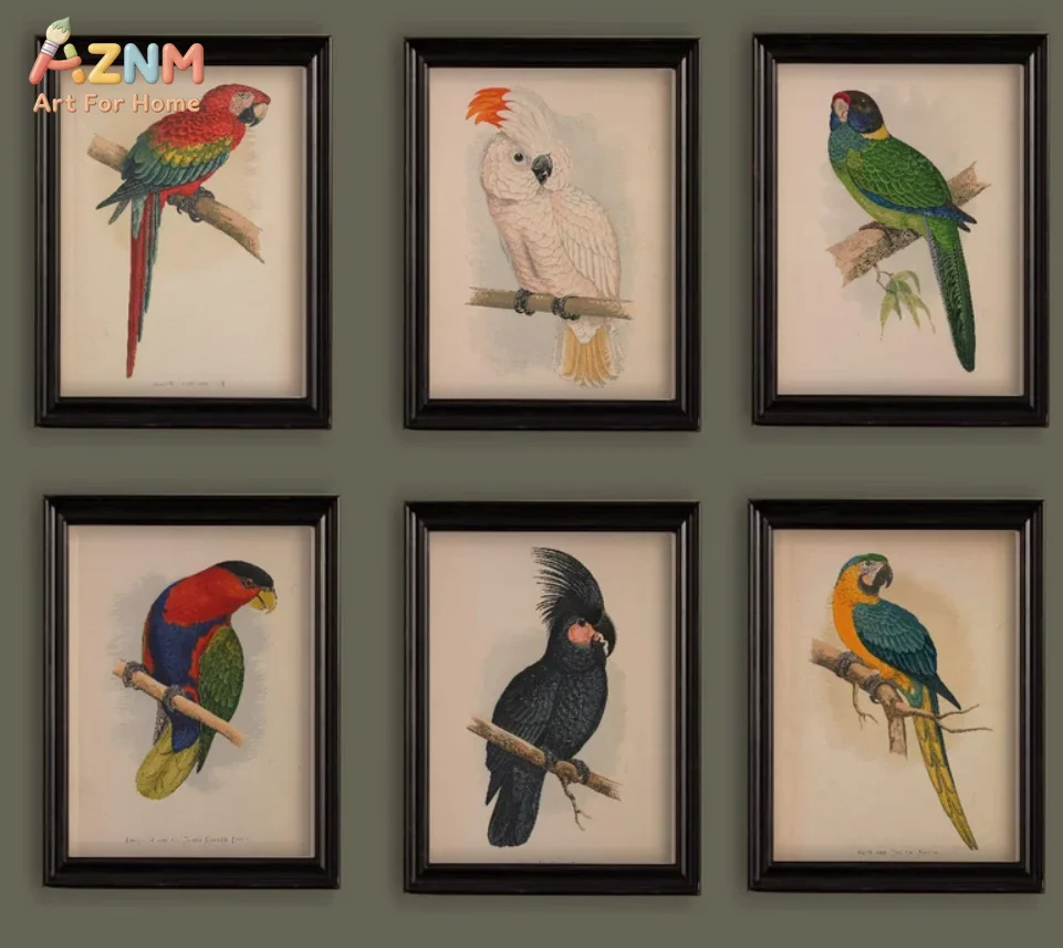 AZNM Vintage Parrot Bird Canvas Wall Art Antique Colorful Bird Drawing Print Unframed Canvas Farmhouse Decor