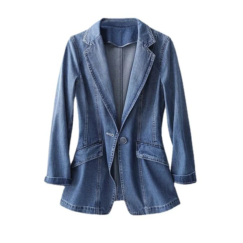 2023 Spring Autumn New Women’s Denim Jacket Fashion  Long Sleeve Loose Casual Jeans Coat Female Suit Collar   Cowboy Overcoat