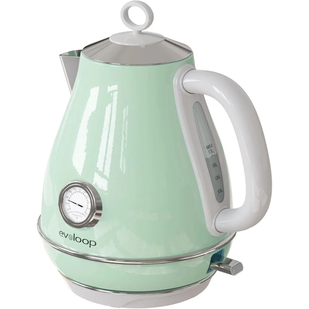 

Retro Electric Tea Kettle, 1500W Fast Boiling, 1.7L Stainless Steel with Thermometer and Safety Features