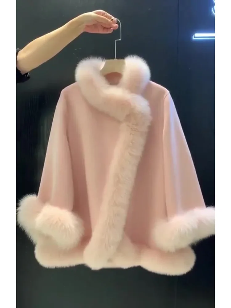 Fur jacket women's solid color medium long thickened warm winter fashion woolen coat loose thickened fur collar New Year's cape