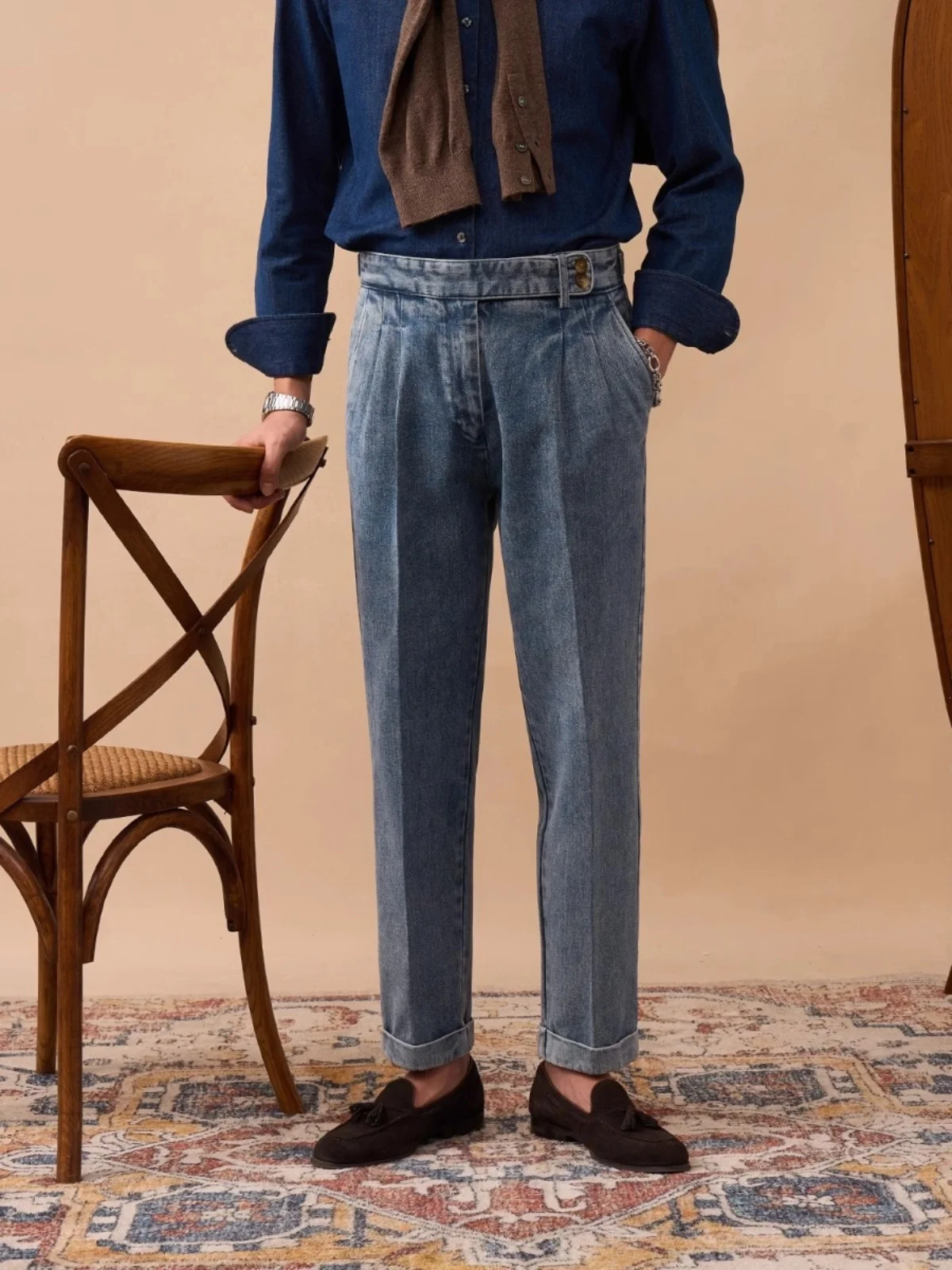 High Waist British Neapolitan Jeans Gentleman Business Casual Straight Leg Versatile Loose Fit Washed Denim Western Pants