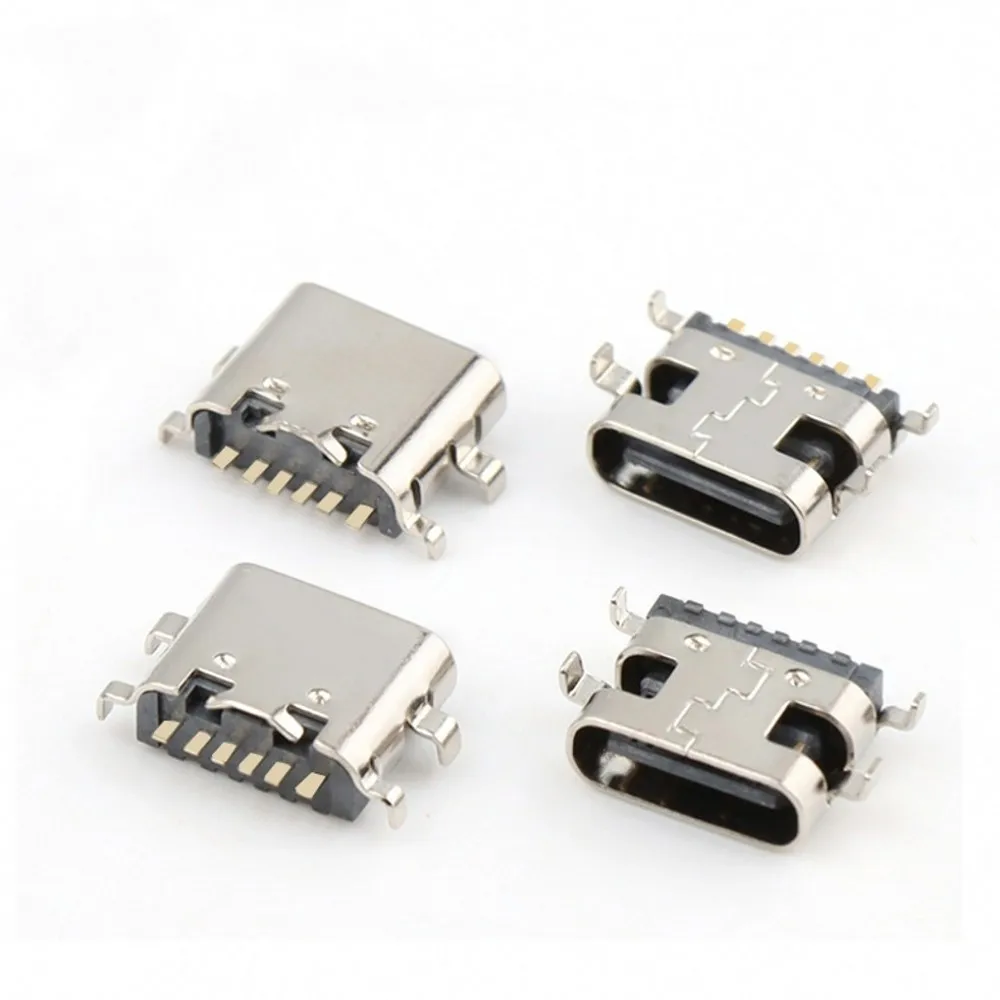 100Pcs USB Connector Type C 3.1 6 Pin SMT Socket Connector Female Placement For PCB high current chargin Sinking plate 0.8/1.6mm