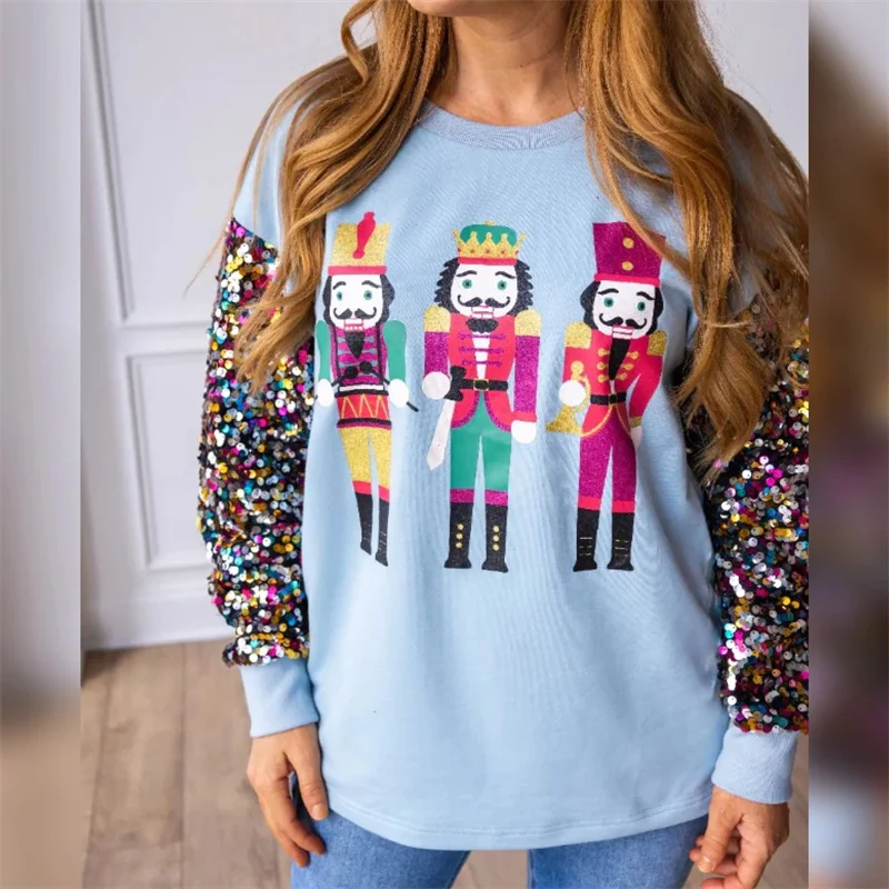 Women Christmas Nutcracker Sweatshirt Sequin Patch Oversized Sweater Printed Xmas Long Sleeve Pullover Top