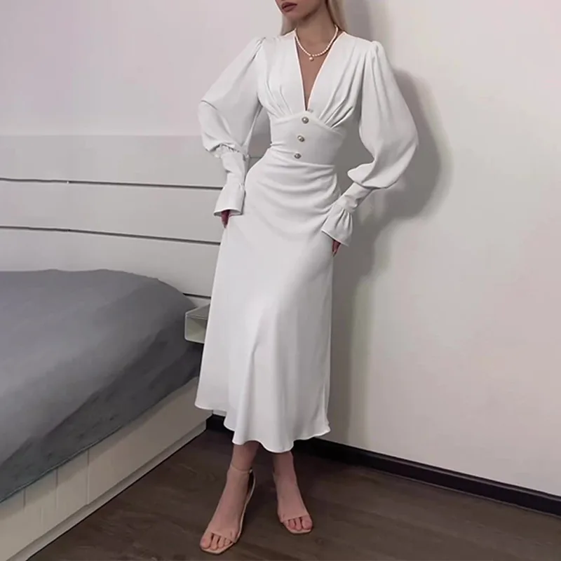 New French v-neck dress lantern sleeves high waist slim temperament long dress Z125