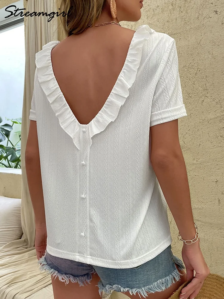 Streamgirl White Backless Blouses Summer Woman Sexy Solid Ruffled Edge Shirt Short Sleeve Summer Office Blouses Women Summer