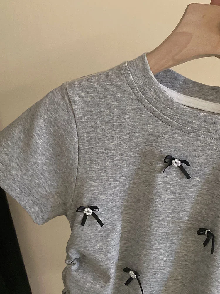 Wijde Pijpen Broek Boog Knoop Tops Zomer Nieuwe Meisjes T-shirt Korte Mouwen Tij Kinderkleding 2024 Eenvoudige Ronde Kraag