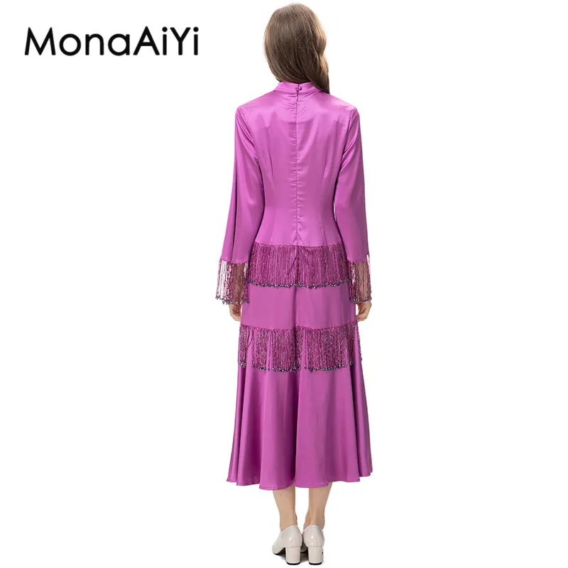 MonaAiYi New Fashion Runway Designer Women's Stand Collar A-word Long Sleeved Purple Beading Midi Dress