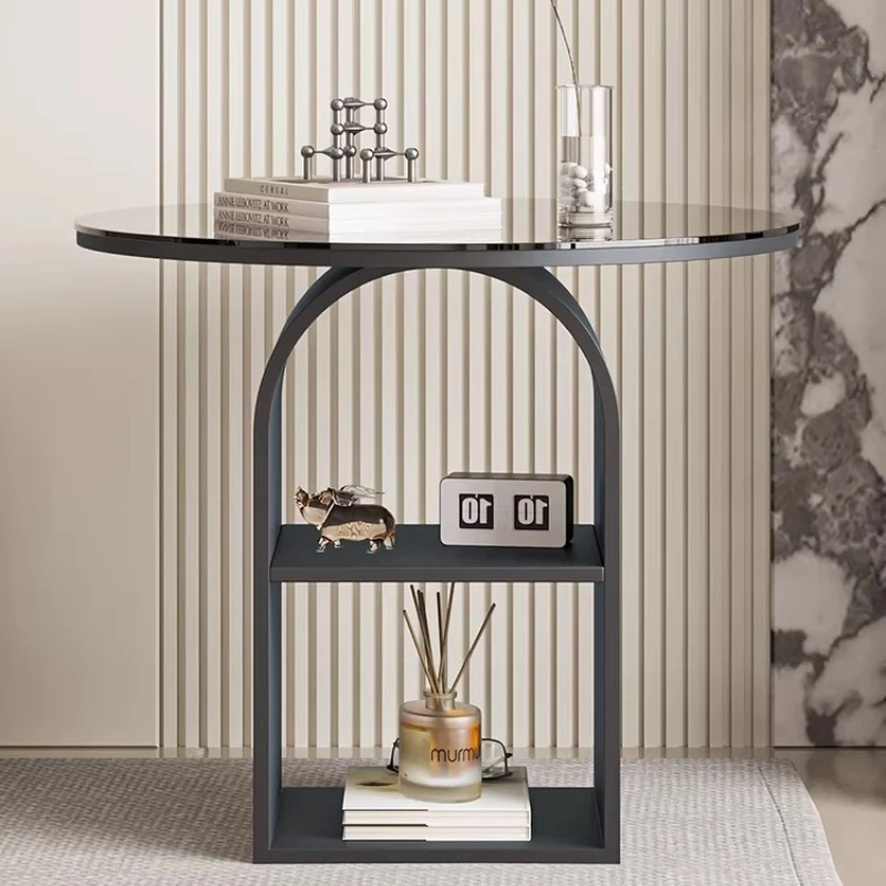 

Light luxury living room sofa edge black arched double-layer round glass tea table edge