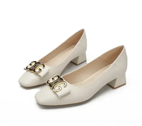 Chunky Heels Women 2025 Spring Shallow Mouth Follow Single Shoes Fashion Soft Leather Square Head Grandma Shoes