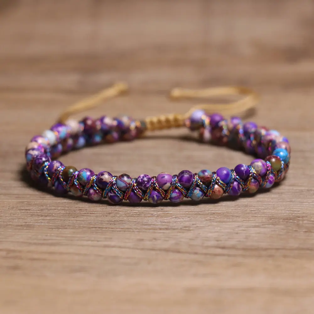 New Design Vintage Women Jewelry Gemstone Imperial Natural Sea Sediment Jasper Stone Handmade Braided Cord Friendship Bracelet