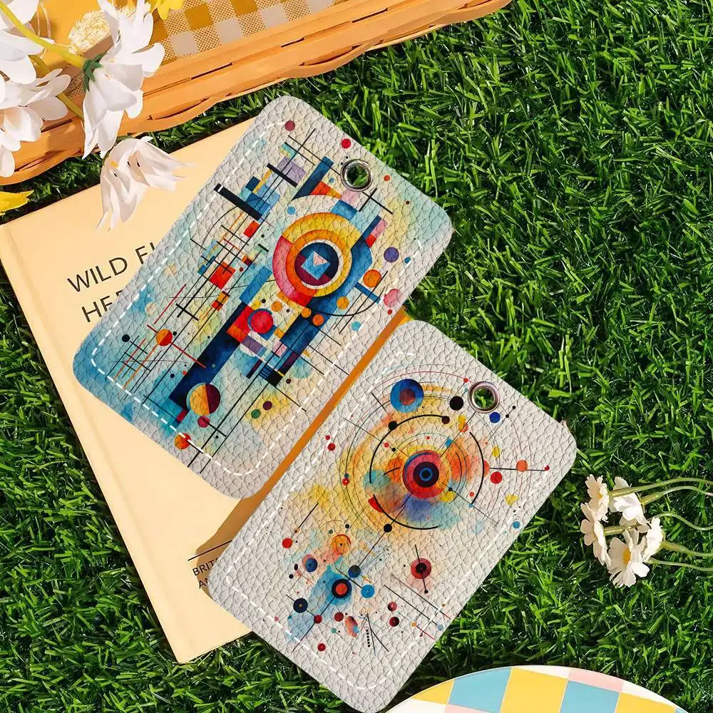Abstract Geometric Card Wallet With Keychain PU Leather Printed Pattern Card Holder