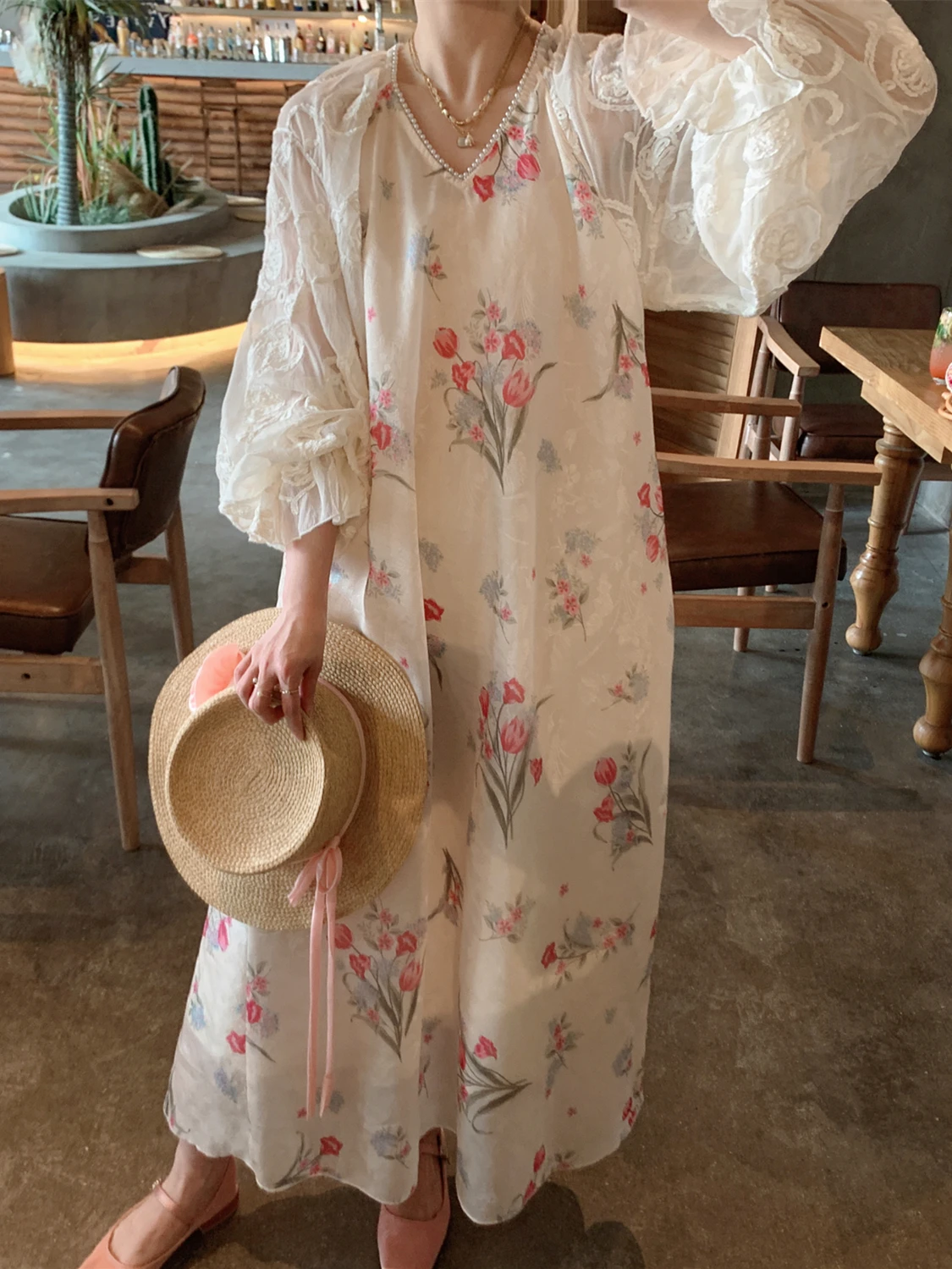 

TIYIHAILEY Spring Summer Women V-Neck Printed Satin Dress Long Lace Lantern Sleeve Fashion 2025 New Long Mid-Calf Ladies Bandage