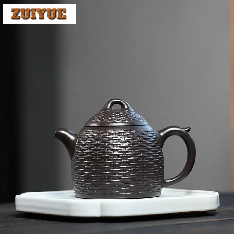 260ml Vintage Yixing Purple Clay Teapots Handmade Bamboo Weaving Qin Quan Pot Raw Ore Black Mud Kettle With Infuser Zisha Teaset