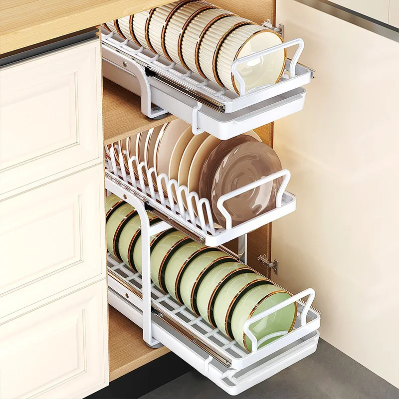 Kitchen Pull-out Dish Bowl Drainer Storage Rack Countertop Sink Cabinet Tableware Built-in Organizer Holder Cupboard Plates Rack