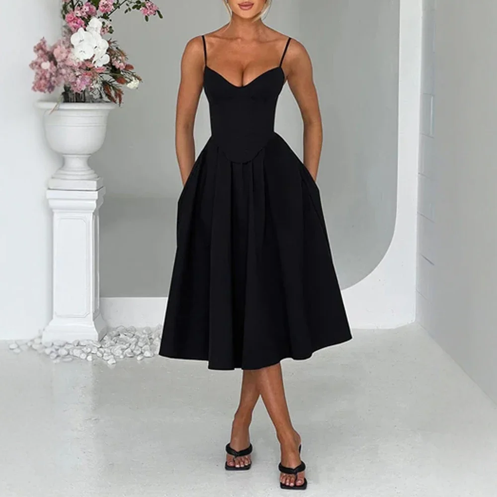 Abiti Primavera Estate Semplice Maturo Vibe Tinta unita Senza maniche Scollo a V Midi Abiti da festa per le donne