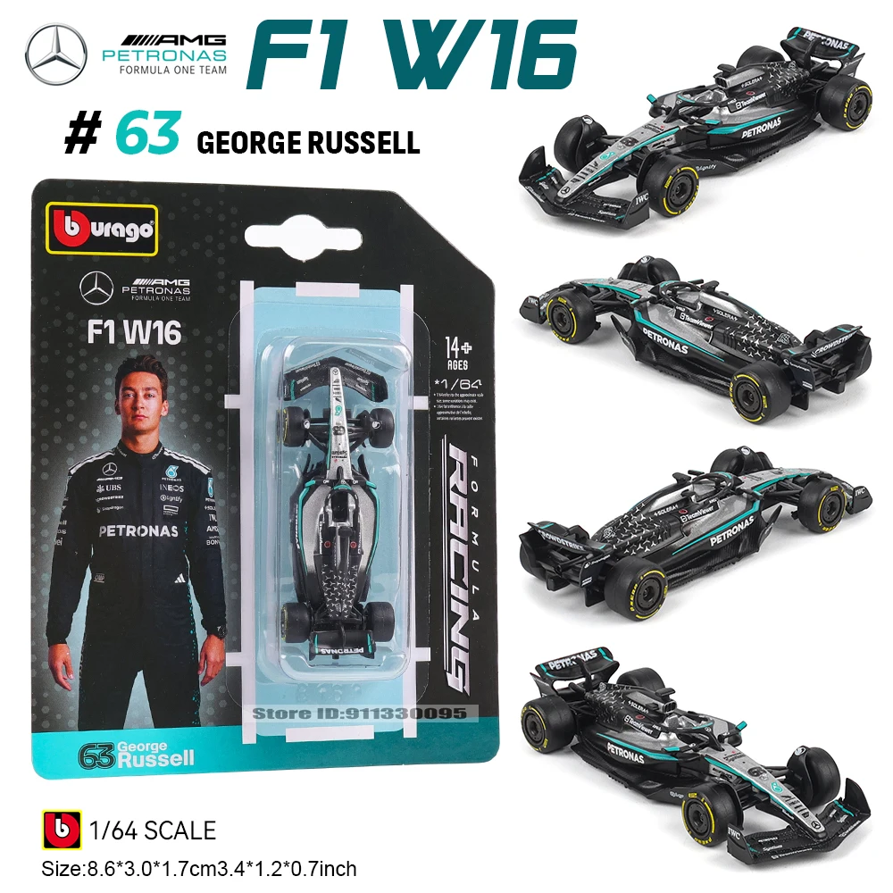 Bburago 1:64 2025 F1 Mercedes-AMG W16 # 63 جورج راسل # 12 لعبة نموذج سيارة كيمي أنطونلي مصنوعة من خليط معدني قابلة للتجميع #6