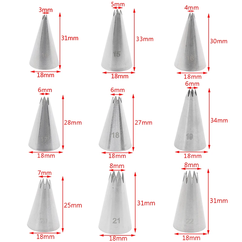 9pcs Open Star Cream Piping Nozzles Cake Decorating Set Metal Pastry Bag Tips