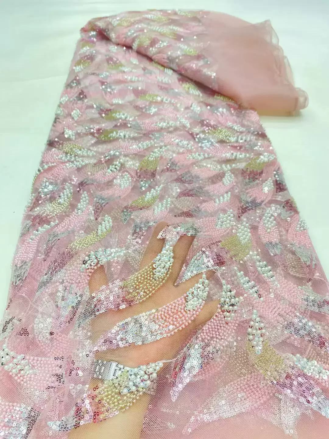 

5yard 3D bead tube sequin embroidery telas Wedding dress cheongsam diy fabrics for sewing soft mesh fabric