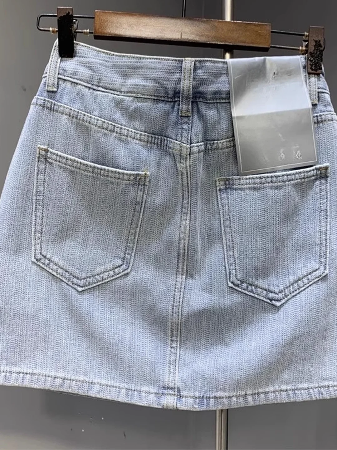 Light Blue High Waist iny Diamond Design Heavy Embellied Denim  Skirt Women's Summer Faion A-Line ort Skirt