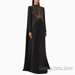 Saud Black Evening Dreses Prom Gown Customized High Neck Full Sleeves Silve Gold Beading Formal Occasion Dresses with Cape