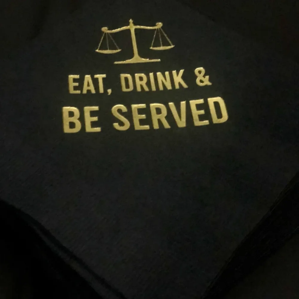 50Pcs Law School Lawyer Attorney Graduation Eat Drink & Be Served Printed Beverage Cocktail Napkins Black w/ Metallic Gold Foil