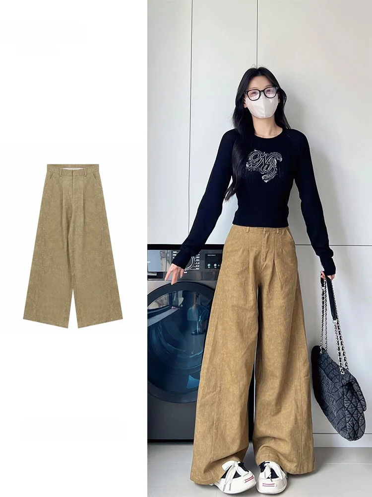 

Loose Wide Leg Denim Jeans Women's Autumn Lazy Loose Feeling Micro Plump Yellow Leaf Mermaid Pants High Waist Long Trousers
