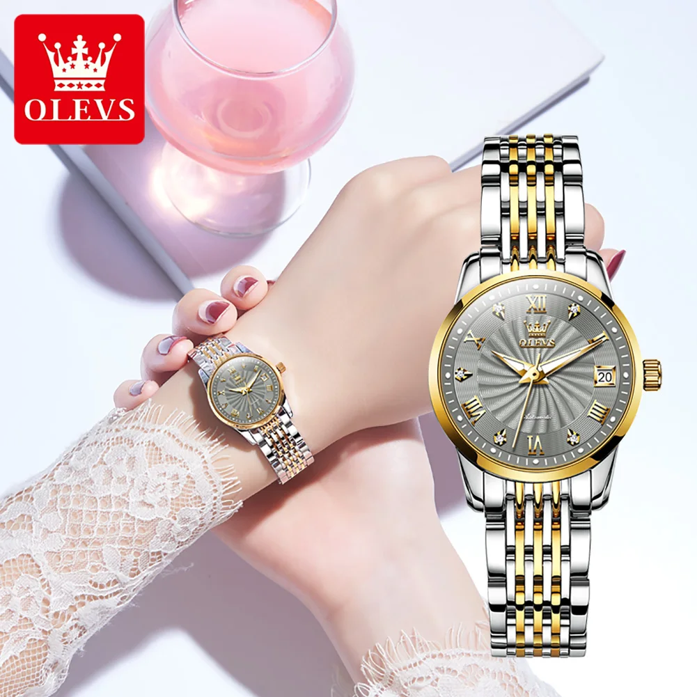 OLEVS-Reloj mecánico de lujo para Mujer, cronógrafo de acero inoxidable, resistente al agua, luminoso, con calendario, automático, a la moda