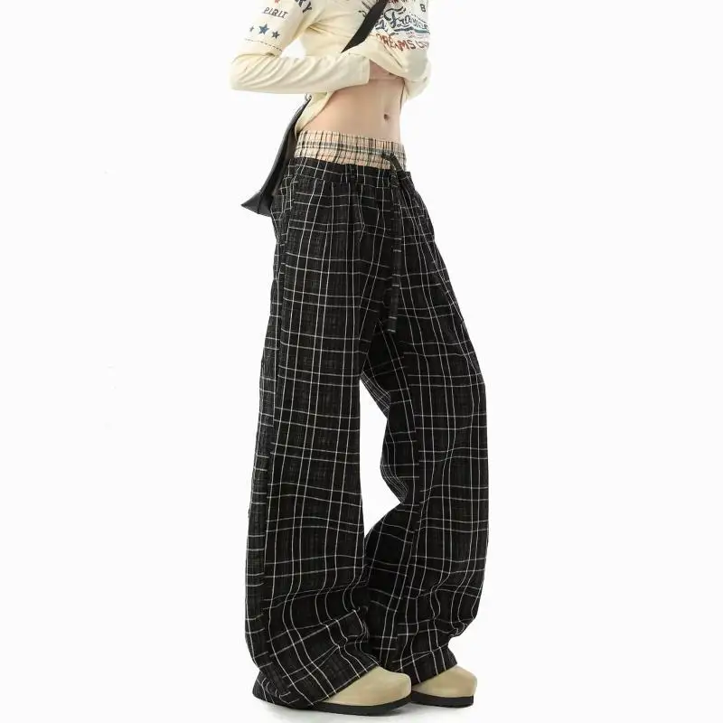 Men's Splicing Grid Pattern Thin Pants Casual Baggy Vintage Trousers Straight High Waist Wide Leg Sweatpants