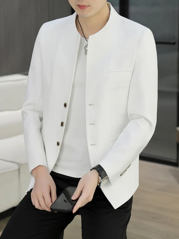 Spring Autumn Short Style Men's Fashionable Windbreaker Slim Fit Pure Color Jacket Korean Version No Collar Trendy Small Suit