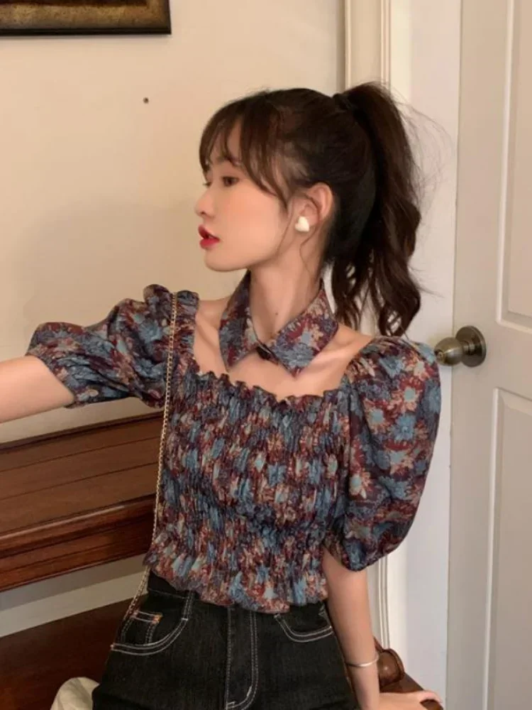 

Винтажная блузка, женская рубашка с квадратным воротником и пышными рукавами, рубашки с цветочным принтом, 2023, Blusas De Mujer, летняя туника, плиссированные шикарные женские топы