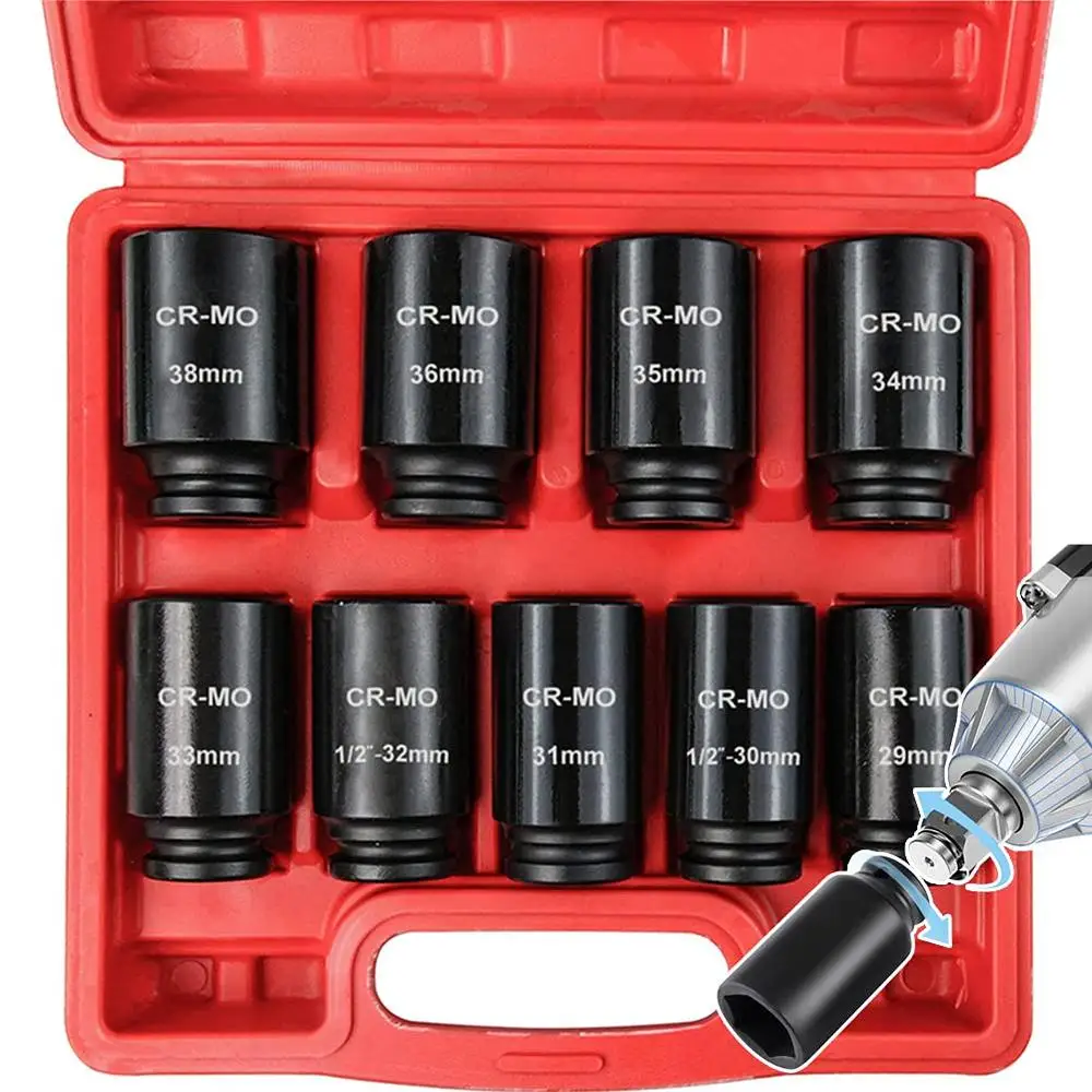 Heavy Duty 9-Piece Metric Deep Impact Socket Set CR-MO 29-38mm Spindle Axle Nut Hex Drive Corrosion-Resistant Blow Molded Case