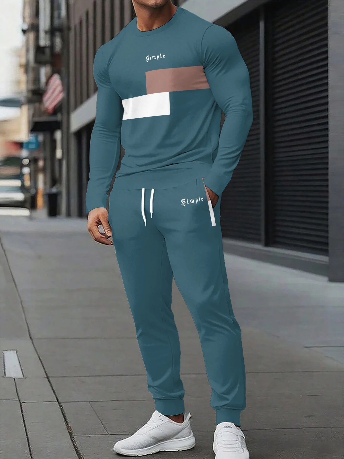 

Men's casual 2-piece set: Comfortable long sleeved round neck T-shirt and drawstring sweatpants - the perfect choice for autumn