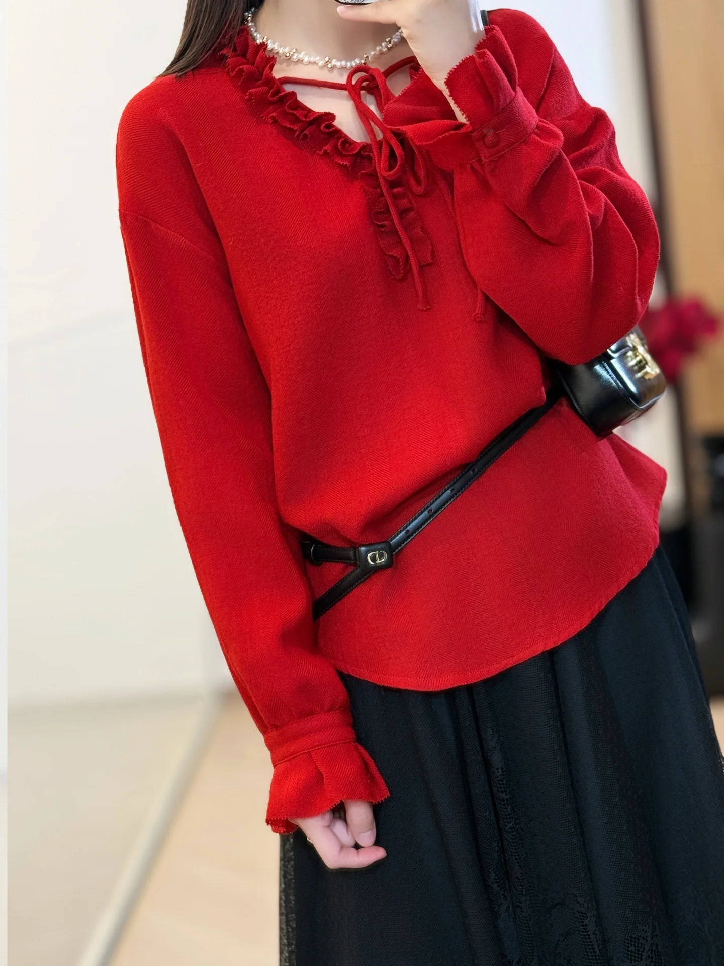 

Pet Namel 3-Color Sweet Lace Collar Comfortable Australian Wool irt Women's Ele Sle Long Sve Breathable Skin-Fr...