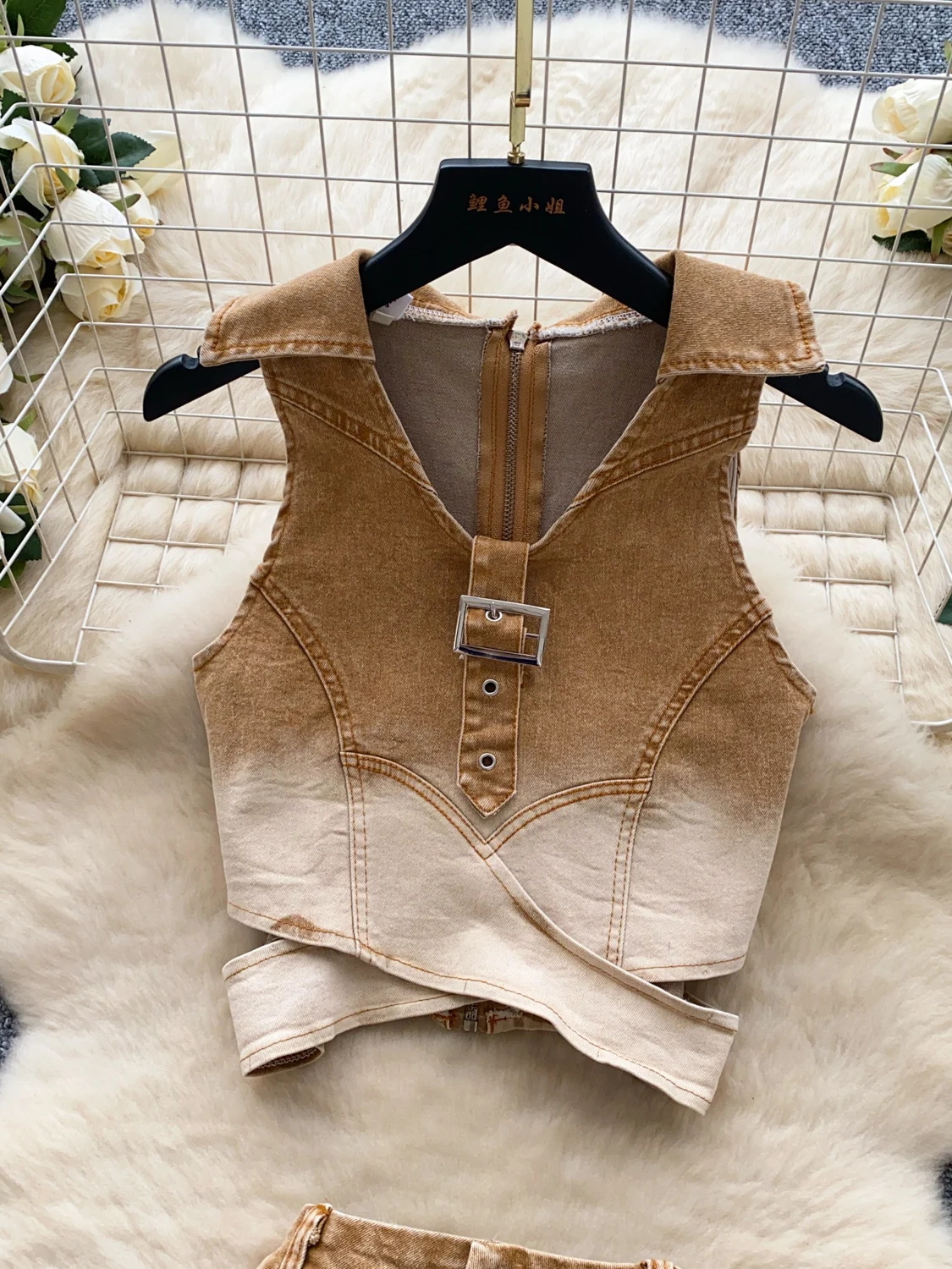 Faionable Denim Ne Set Gonna ort a vita alta con impunture in vita per donne piccole Collezione estiva Chiusura con cerniera