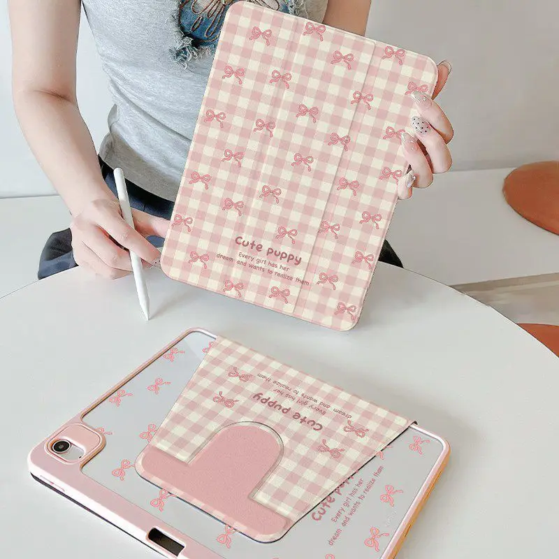 Korean Pink Rotating 3Foid Bow iPad Case For iPad Pro 12.9in Air7 10th 11th iPad Pro 11 13in 2025 M4/5 Anti-fall Protected Cover