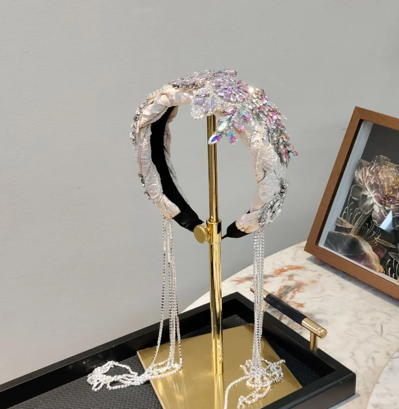 New Chinese Style Luxury Full Diamond Hairband with Diamond Tassel Women Wide Edge Woven Headband Girls Hair Clips Accessories