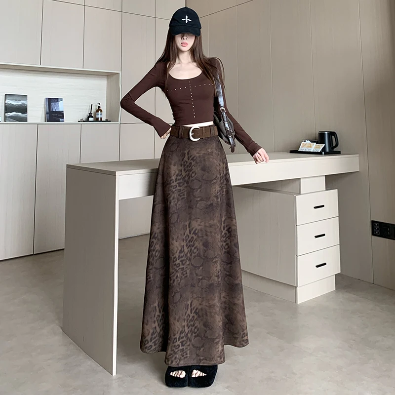 Ele High Waist Coffee Color Printed f Skirt Women's Faion Long Midi Skirt Autumn Winter New Design Slimming Effect