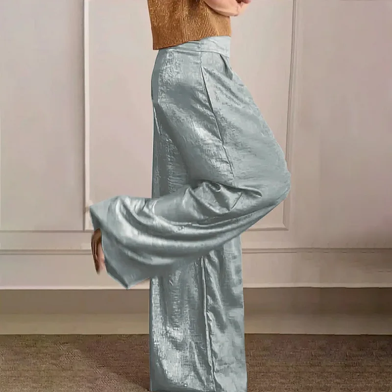 Spring Vintage Metallic Color Casual Pants Women Fashion High Waist Loose Straight Trousers Summer Pocket Wide Leg Pant Harajuku