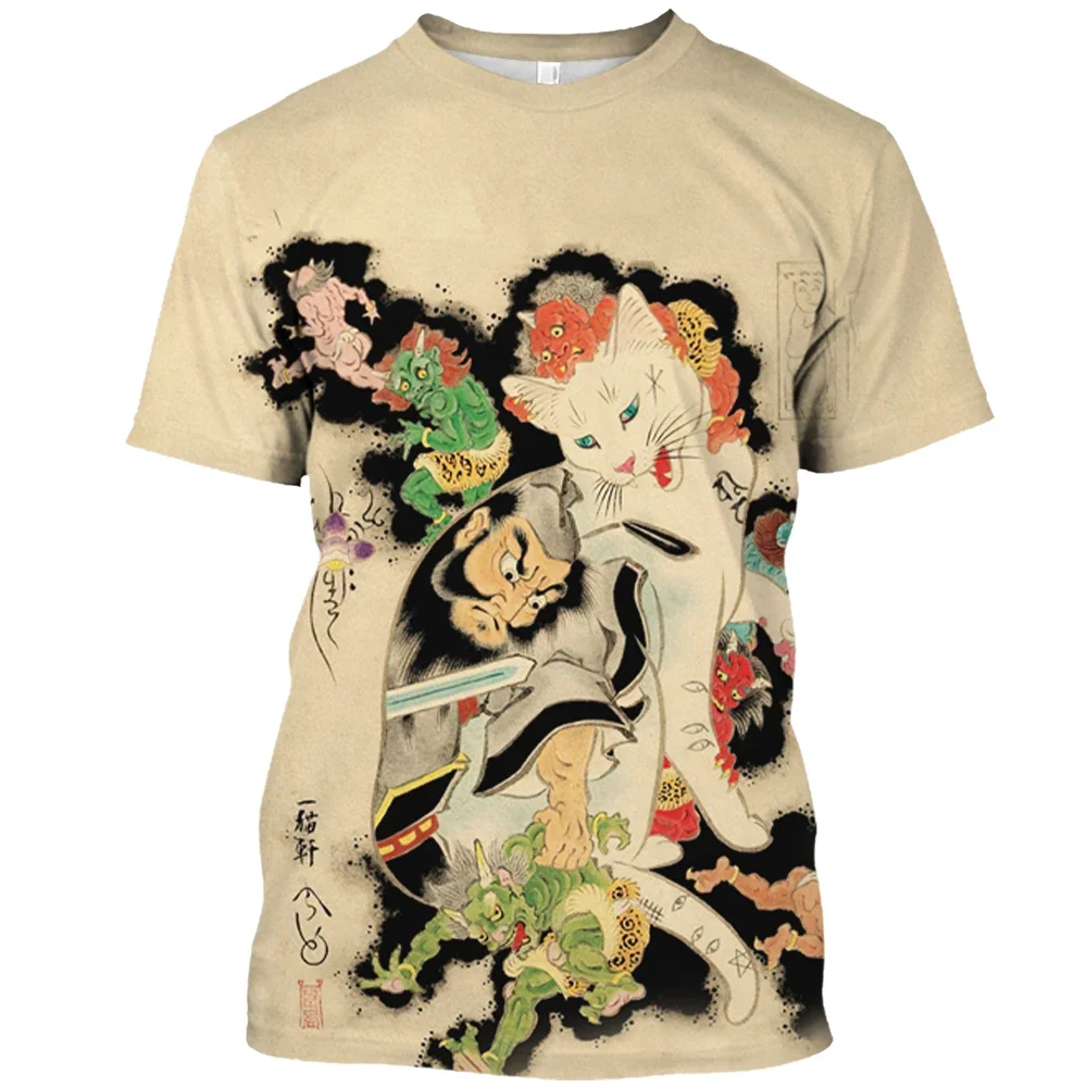 Camiseta masculina e feminina de manga curta com gola redonda, mitologia japonesa, gato samurai, estampa de Harajuku 3D, gráfico, verão