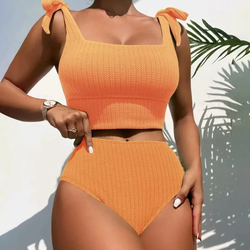 Women'S Solid Color Knit Tight Fitting Backless High Waisted Two Piece Swimsuit Holiday Two Pieces Bathing Suit