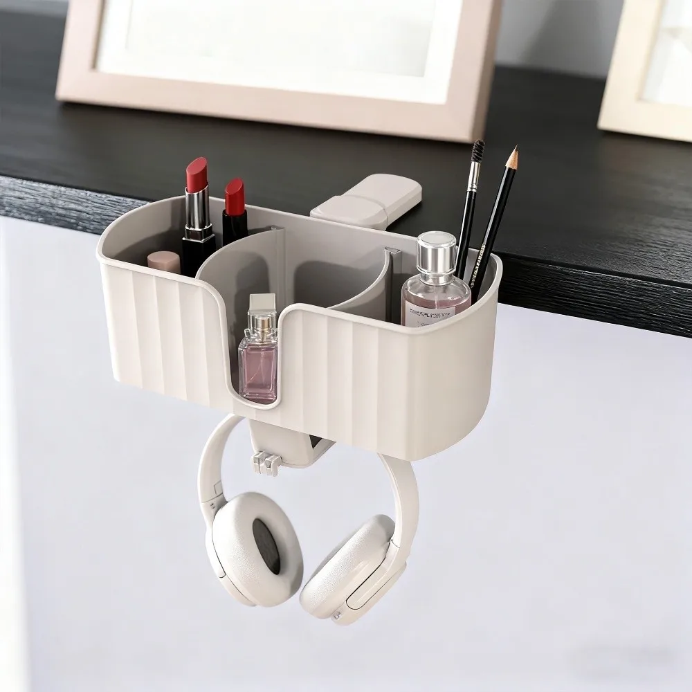 Plastic 4 in 1 Desk Headphone Hanger Space Saving Detachable Under Desk Cup Holder with 2 Wire Holes Desk Organizer Office