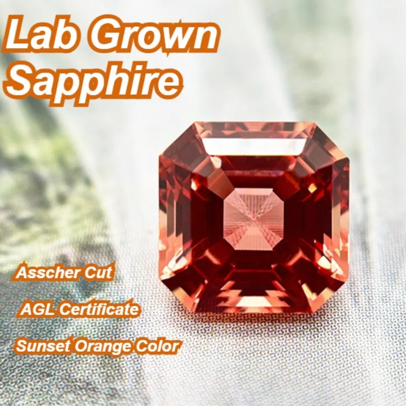

Hot Sale Lab Grown Sapphire Asscher Cut Sunset Orange Color DIY Charms Jewelry Making Main Materials Selectable AGL Certificate