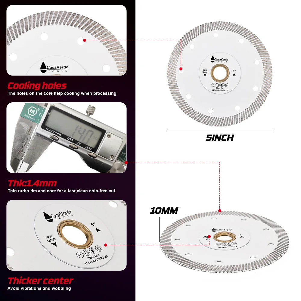 Casaverde 125mm Turbo Diamond Blade Super Tile Cutting Blade for Porcelain Tile Granite Marble Cutting Disc