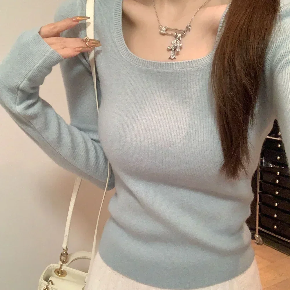 Women Cute Solid Short Pullover Sweater Black O Neck T Shirt  S-XL Fashion Style Female Bottoming Blouses Full Sleeve Slim Tops