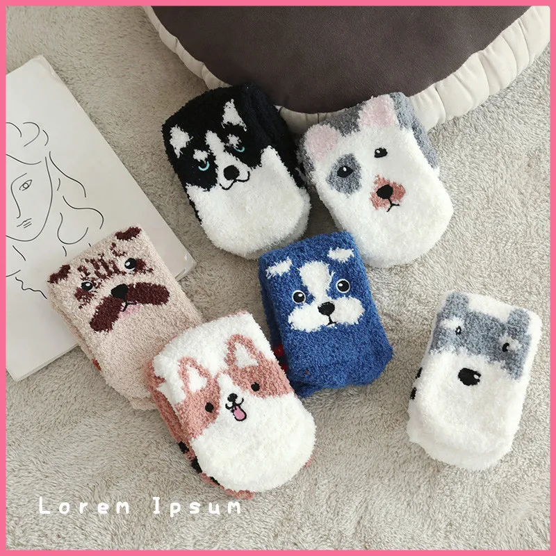 

Funny Husky Women Winter Warm Floor Socks Kawaii Corgi Schnauzer Thickened Thermal No Shedding Coral Velvet Female Socks SK45