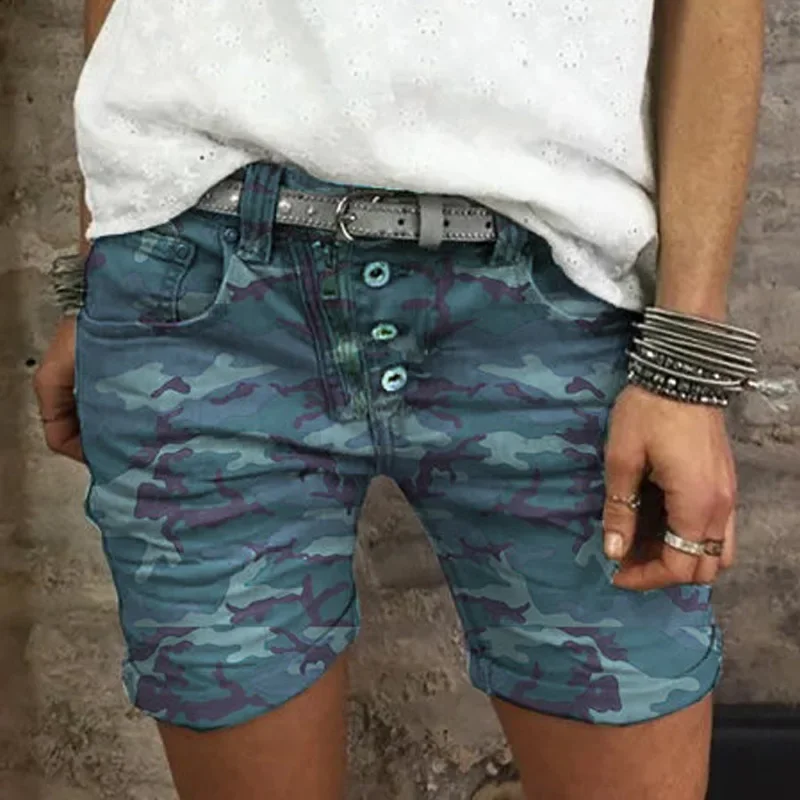 

New Women's Denim Shorts High Elastic Slim Fit Camouflage Denim Shorts Button Sexy Pants