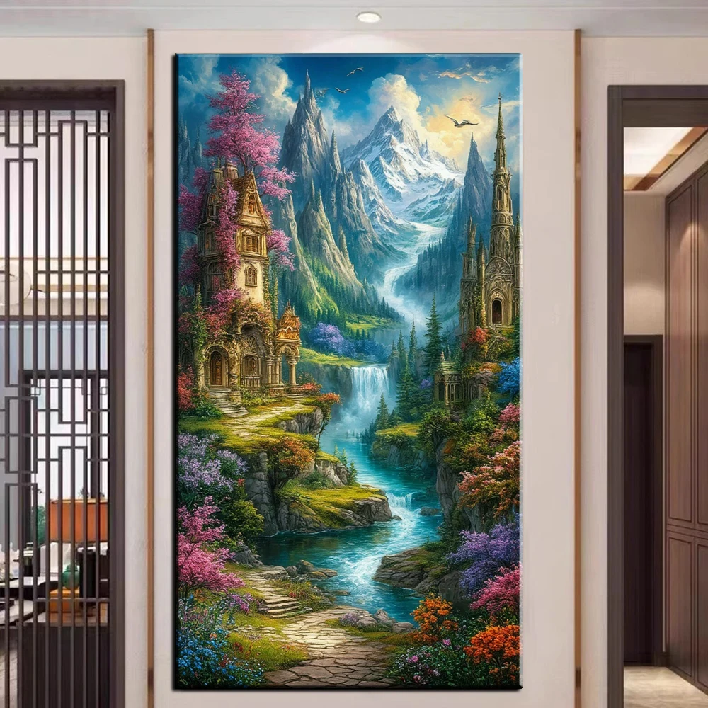 Amazing Full Diamond Art Kits Forest Green Tree Landscape 5D DIY Diamond Painting Mosaic Steep Mountain Stream House Home Decor