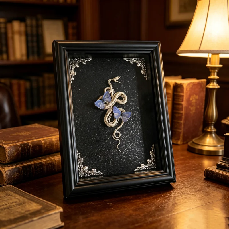Unique Open Mouth Coiled Real Snake Skeleton butterfly Frame Gothic Taxidermy Wall Decor Cabinet of Curiosities Oddity