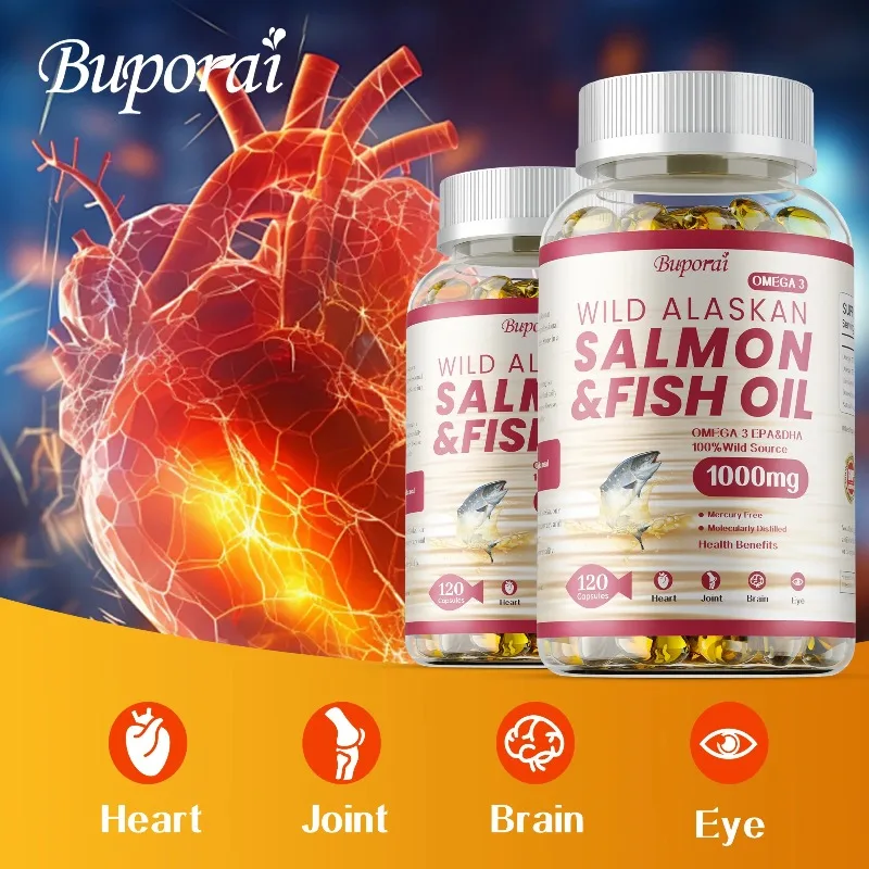 Salmon Fish Oil - Antioxidant, Support Joint, Skin, Brain and Cardiovascular Health, Relieve Stress, Improve Mood,Enhance Memory