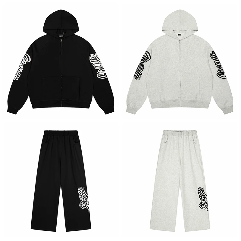 

Loose Fitted Zipper Jaet Embroidered Patchwork Letter Logo Sweatirt And Long Pants Set Casual American Trendy Brand